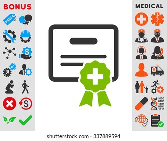 Medical Certification vector icon with bonus. Style is bicolor flat symbol, eco green and gray colors, rounded angles, white background.