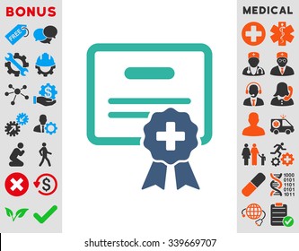 Medical Certification vector icon with bonus. Style is bicolor flat symbol, cobalt and cyan colors, rounded angles, white background.