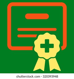 Medical Certification vector icon. Style is bicolor flat symbol, orange and yellow colors, rounded angles, green background.