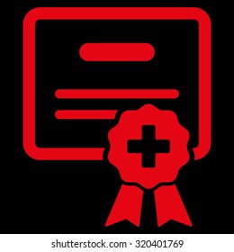 Medical Certification vector icon. Style is flat symbol, red color, rounded angles, black background.