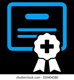 Medical Certification vector icon. Style is bicolor flat symbol, blue and white colors, rounded angles, black background.
