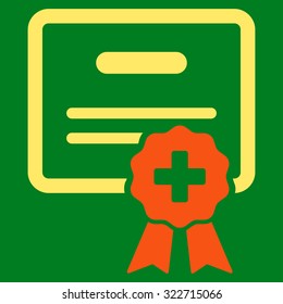 Medical Certification vector icon. Style is bicolor flat symbol, orange and yellow colors, rounded angles, green background.