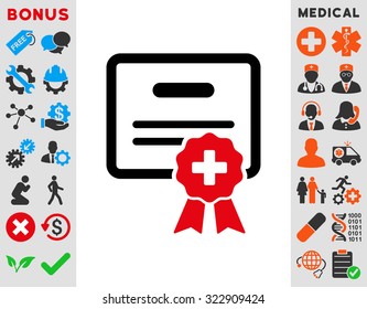 Medical Certification vector icon. Style is bicolor flat symbol, intensive red and black colors, rounded angles, white background.