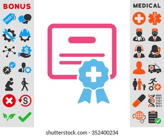 Medical Certification vector icon. Style is bicolor flat symbol, pink and blue colors, rounded angles, white background.