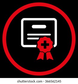 Medical Certification vector icon. Style is bicolor flat circled symbol, red and white colors, rounded angles, black background.