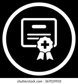 Medical Certification vector icon. Style is flat circled symbol, white color, rounded angles, black background.