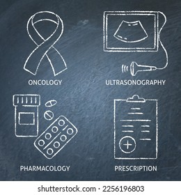 Medical chalkboard icon set. Pharmacology, prescription, ultrasonography and oncology symbols. Vector illustration.