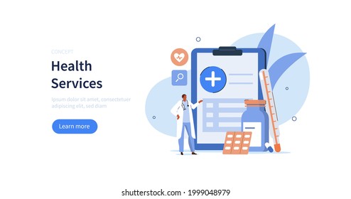 Medical character checking patients data. Doctor presenting health insurance and pharmacy services. Medicine concept. Flat cartoon vector illustration.