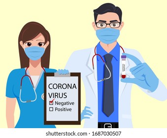 Medical character vector concept design. Doctor and nurse hospital staff characters showing and presenting corona virus negative test result. Vector illustration.
