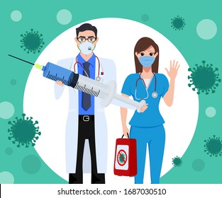 Medical character vector concept design. Doctor and nurse hospital staff characters holding syringe cure, vaccine to fight corona virus and covid-19 outbreak. Vector illustration.