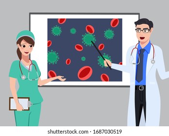 Medical character vector concept design. Doctor and nurse hospital staff characters showing presentation of corona virus outbreak in whiteboard. Vector illustration.
