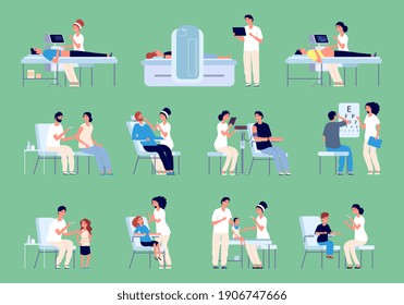 Medical Characters. Doctors Nurses Patients, Vaccination And Check Up Scenes. Examination In Clinic Or Hospital, New Antivirus Vaccine Vector Set