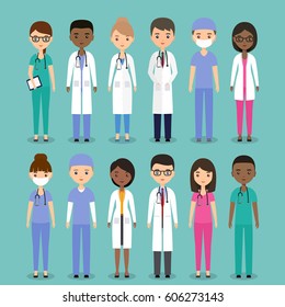 Medical characters doctors, nurses and surgeons icons. Vector. Set flat people. Hospital staff. Medicine concept