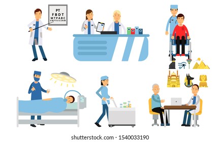 Medical Characters Doing Ophthalmological Tests, Surgeries And Other Daily Actions Of Hospital Routine Vector Illustration Set Isolated On White Background