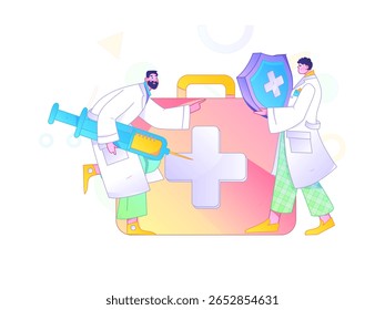 Caracteres médicos combatendo o vetor plano epidêmico conceito operação desenhado à mão ilustração
