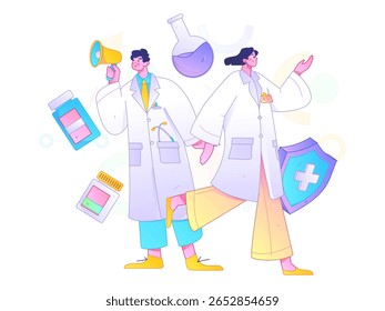 Caracteres médicos combatendo o vetor plano epidêmico conceito operação desenhado à mão ilustração
