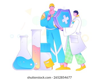 Caracteres médicos combatendo o vetor plano epidêmico conceito operação desenhado à mão ilustração

