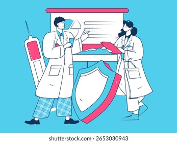 Caracteres médicos combatendo o vetor plano epidêmico conceito operação desenhado à mão ilustração

