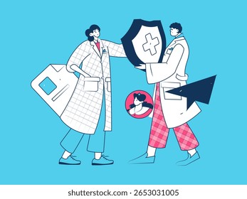 Caracteres médicos combatendo o vetor plano epidêmico conceito operação desenhado à mão ilustração
