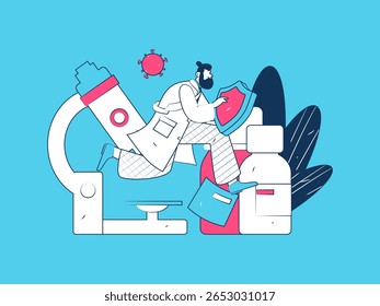 Caracteres médicos combatendo o vetor plano epidêmico conceito operação desenhado à mão ilustração
