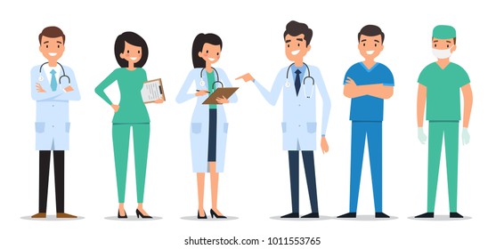 Medical characters flat people. Doctors and nurses standing together. Hospital staff. Medicine concept.