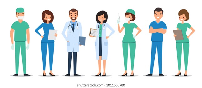 Medical characters flat people. Doctors and nurses standing together. Hospital staff. Medicine concept.