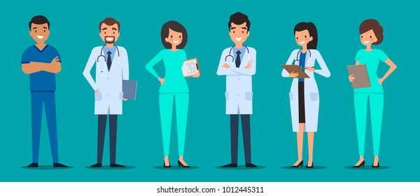 Medical characters flat people. Doctors and nurses standing together. Hospital staff. Medicine concept.