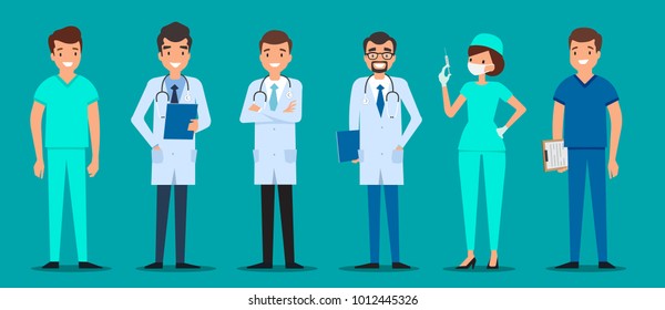Medical characters flat people. Doctors and nurses standing together. Hospital staff. Medicine concept.