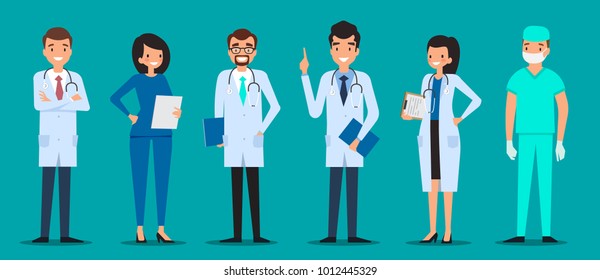 Medical characters flat people. Doctors and nurses standing together. Hospital staff. Medicine concept.