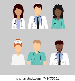 Medical characters flat people. Group of doctors and nurses avatars, staff. Medical team concept in flat design, set.