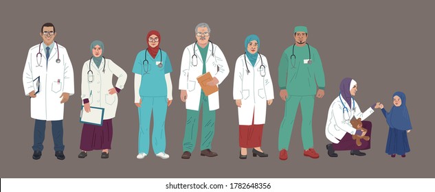 Medical Characters. Middle Eastern Medics. Doctors and nurses portraits, team of doctors concept, medical office or laboratory. Modern flat vector concept digital people vector illustration.