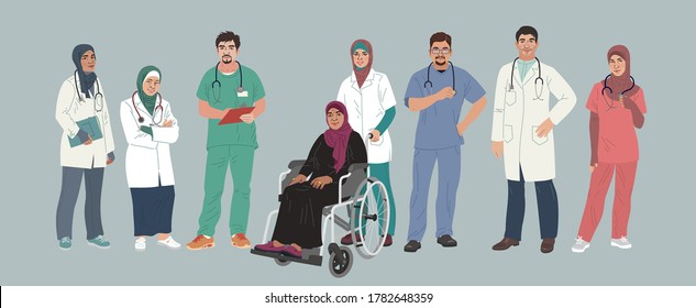 Medical Characters. Middle Eastern Medics. Doctors and nurses portraits, team of doctors concept, medical office or laboratory. Modern flat vector concept digital people vector illustration.