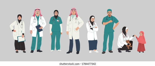 Medical Characters Portraits. Middle Eastern Medics. Arab doctors and nurses portraits, team of doctors concept. Muslim modern flat vector concept digital people vector illustration.
