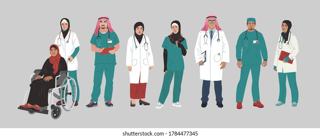 Medical Characters Portraits. Middle Eastern Medics. Arab doctors and nurses portraits, team of doctors concept. Muslim modern flat vector concept digital people vector illustration.
