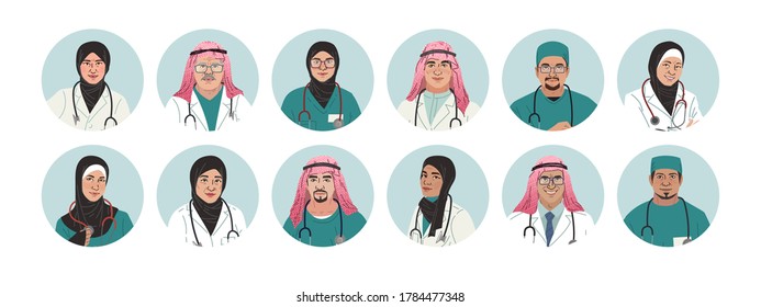 Medical Characters Portraits. Middle Eastern Medics. Arab doctors and nurses portraits, team of doctors concept. Muslim modern flat vector concept digital people vector illustration.
