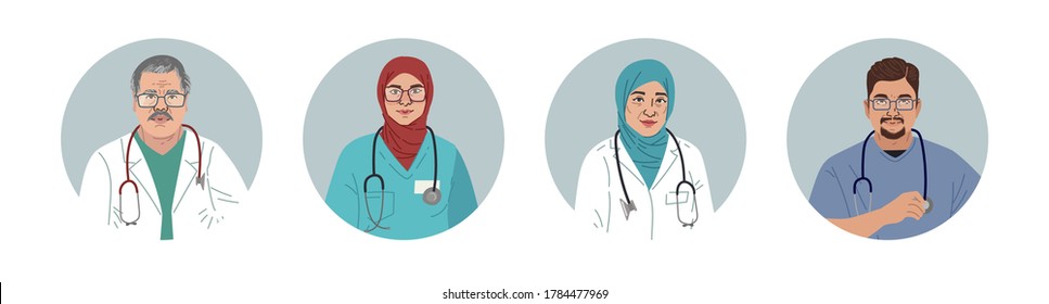 Medical Characters Portraits. Middle Eastern Medics. Arab doctors and nurses portraits, team of doctors concept. Muslim modern flat vector concept digital people vector illustration.