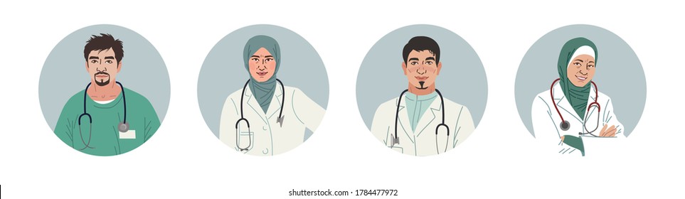 Medical Characters Portraits. Middle Eastern Medics. Arab doctors and nurses portraits, team of doctors concept. Muslim modern flat vector concept digital people vector illustration.