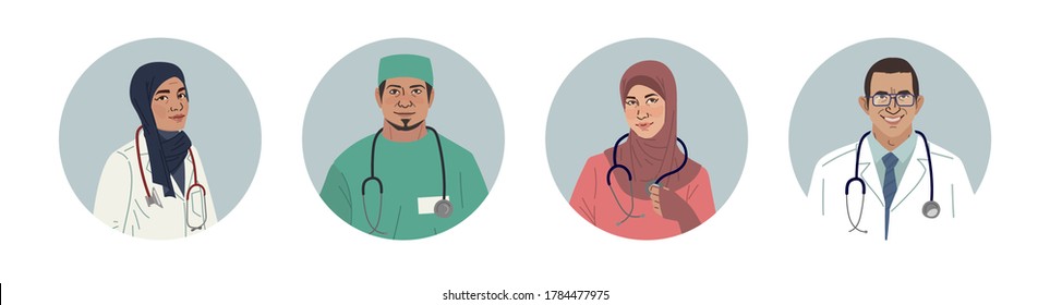 Medical Characters Portraits. Middle Eastern Medics. Arab doctors and nurses portraits, team of doctors concept. Muslim modern flat vector concept digital people vector illustration.