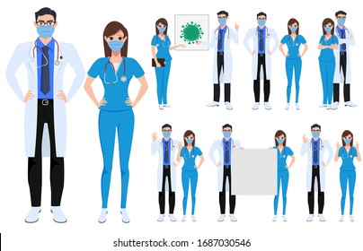 Medical characters set vector concept design. Covid-19 doctor and nurse character in corona virus outbreak presenting how to fight corona virus isolated in white background. Vector illustration.
