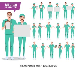 Medical characters vector set. Doctor, nurse and medical staff holding white board with various poses for presentation. Vector illustration.