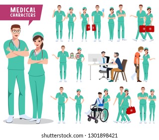 Medical characters vector set. Male and female doctor, nurse and hospital staff holding medical kit with patients isolated in white. Vector illustration.
