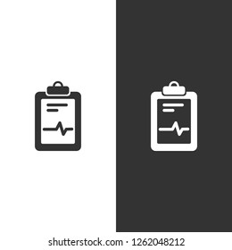 Medical chart icon on black and white background. Cardiogram report. Heart graph