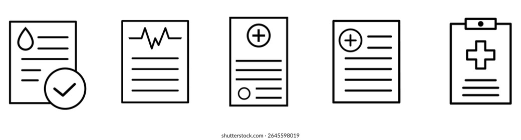 Ícone de gráfico médico conjunto de vetores. Coleção de sinais de ilustração do gráfico do paciente. Símbolo de prescrição. Ícones da Web de registros médicos.
