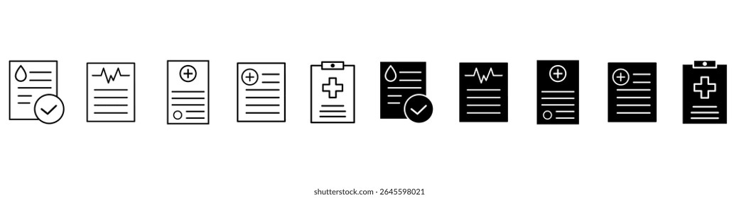 Ícone de gráfico médico conjunto de vetores. Coleção de sinais de ilustração do gráfico do paciente. Símbolo de prescrição. Ícones da Web de registros médicos.