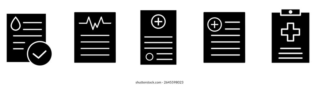Ícone de gráfico médico conjunto de vetores. Coleção de sinais de ilustração do gráfico do paciente. Símbolo de prescrição. Ícones da Web de registros médicos.