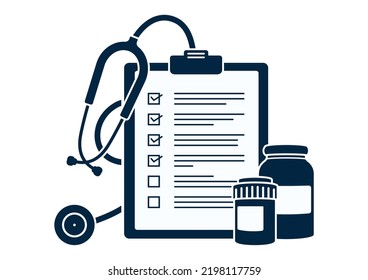 Medical chart logo illustration. Stethoscope, medicine and medical certificate. Vector image of a hospital visit and prescription.