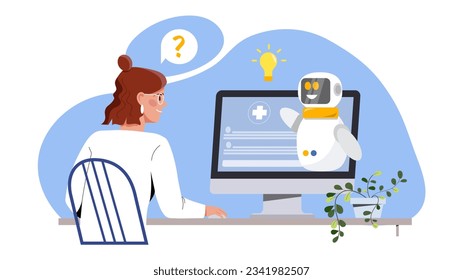 Medical chat bot concept. Artificial intelligence and machine learning. Robot advises client, answers questions. Diagnosis, health care and treatment. Cartoon flat vector illustration