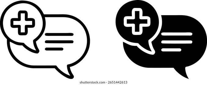 Medical Chat Bubble Icon Set, Black and White Vector, Health Message Silhouette Outline Illustration