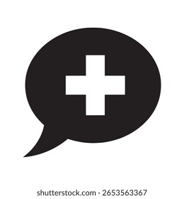 Medical chat icon with a speech bubble and a cross representing online doctor advice a health support service and emergency communication vector solid glyph icon
