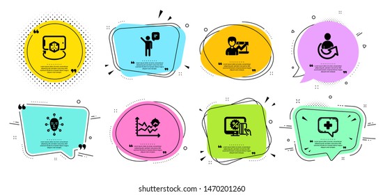 Medical chat, Seo analysis and Online shopping line icons set. Chat bubbles with quotes. Share, Success business and Augmented reality signs. Agent, Face biometrics symbols. Vector